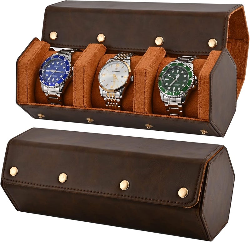 ROSELLE Luxury Leather Watch Roll Travel Case for Men and Women,Travel Watch Case Holds 3 Watches Storage & Display,Designed for steel watch bands &leather metal rubber and bracelets (3 Slot-Hexagon, Brown) - Image 1